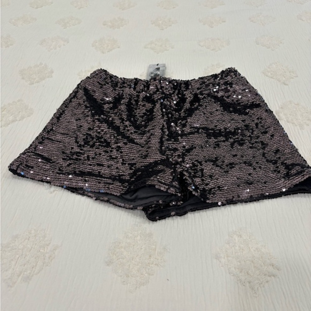NWT Sequin iridescent burgundy,‎ brown shorts. Measurements are in the photos.